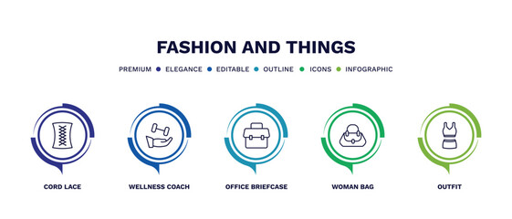 set of fashion and things thin line icons. fashion and things outline icons with infographic template. linear icons such as cord lace, wellness coach, office briefcase, woman bag, outfit vector.