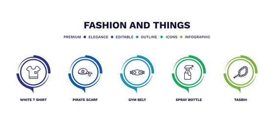 set of fashion and things thin line icons. fashion and things outline icons with infographic template. linear icons such as white t shirt, pirate scarf, gym belt, spray bottle, tasbih vector.
