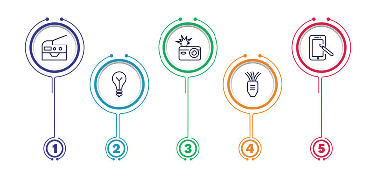 set of technology thin line icons. technology outline icons with infographic template. linear icons such as photocopier, camera flash, digital pen, old light bulb, tinsel vector.