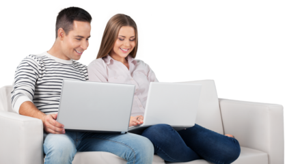Smiling Couple Using Laptop on the Couch