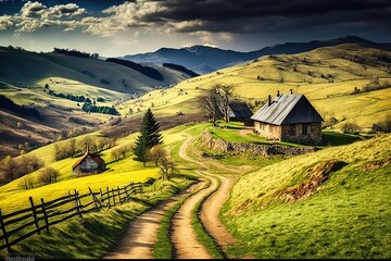 Obraz premium the beautiful countryside of Romania. sunny afternoon. wonderful springtime landscape in mountains. grassy field and rolling hills. rural scenery, AI generated