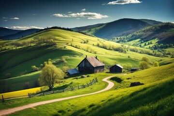 the beautiful countryside of Romania. sunny afternoon. wonderful springtime landscape in mountains. grassy field and rolling hills. rural scenery, AI generated