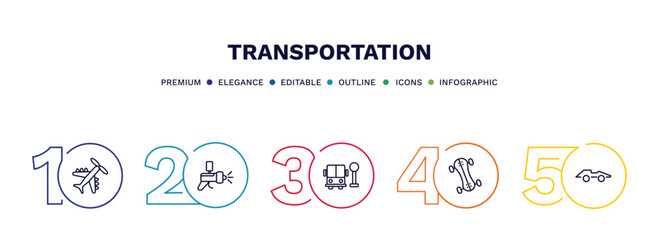 set of transportation thin line icons. transportation outline icons with infographic template. linear icons such as light aircraft, car painting, school bus stop, longboard, formula 1 vector.