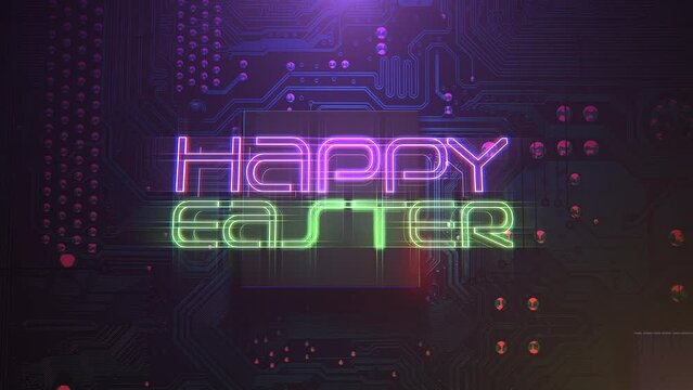 Happy Easter with computer scheme and neon light, motion abstract holidays, futuristic and cyberpunk style background