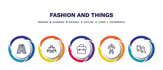 set of fashion and things thin line icons. fashion and things outline icons with infographic template. linear icons such as hakama, skein, office briefcase, working coverall, woman boots vector.