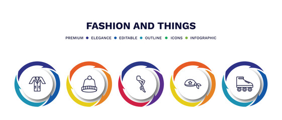 set of fashion and things thin line icons. fashion and things outline icons with infographic template. linear icons such as lab coat, knit hat, tights, pirate scarf, roller skater vector.