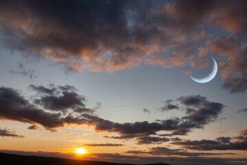 Dusk sky in the evening with crescent moon