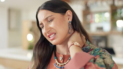 Business woman, stress and neck pain in cafe, restaurant or coffee shop with anatomy burnout, crisis or posture problem. Remote working, employee and injury massage with hands for sore muscle tension