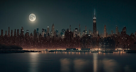 Obraz premium Night skyline of Manhattan, New York City. Generative AI