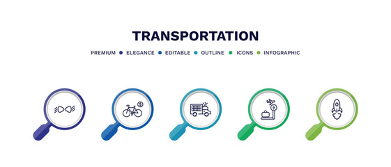 set of transportation thin line icons. transportation outline icons with infographic template. linear icons such as car lights, bicycle rental, prison bus, airport checking, space rocket launch