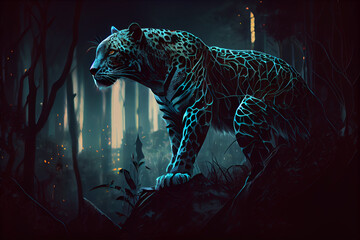 Leopard with a glowing eye is standing in a dark forest.