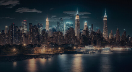 Fototapeta na wymiar Night skyline of Manhattan, New York City. Generative AI