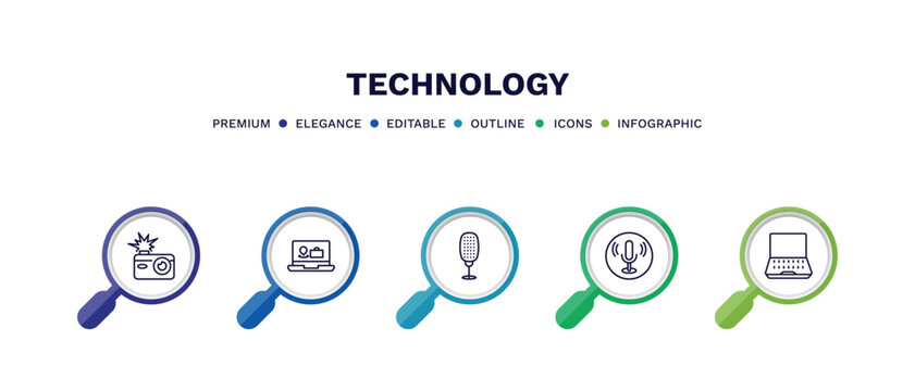 set of technology thin line icons. technology outline icons with infographic template. linear icons such as camera flash, holidays, old mic, recording, open laptop vector.