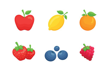 Set isometric of colorful fruit , isolated on white. Raster version illustration. Red apple,Lemon,orange, strawberry,blueberry,raspberry.