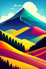 Grassland and mountain background, cartoon illustration style, Typography. Background for a poster, t-shirt or banner
