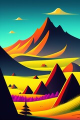 Grassland and mountain background, cartoon illustration style, Typography. Background for a poster, t-shirt or banner