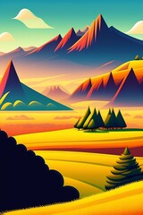 Grassland and mountain background, cartoon illustration style, Typography. Background for a poster, t-shirt or banner
