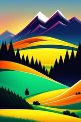 Grassland and mountain background, cartoon illustration style, Typography. Background for a poster, t-shirt or banner
