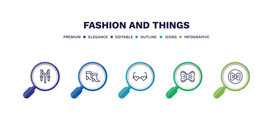 set of fashion and things thin line icons. fashion and things outline icons with infographic template. linear icons such as suspenders, woman boots, heart eyeglasses, elegante, black and white