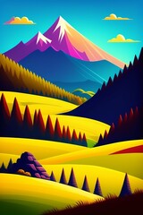 Grassland and mountain background, cartoon illustration style, Typography. Background for a poster, t-shirt or banner