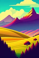 Grassland and mountain background, cartoon illustration style, Typography. Background for a poster, t-shirt or banner