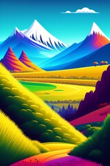 Grassland and mountain background, cartoon illustration style, Typography. Background for a poster, t-shirt or banner