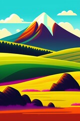 Grassland and mountain background, cartoon illustration style, Typography. Background for a poster, t-shirt or banner
