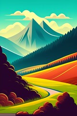 Grassland and mountain background, cartoon illustration style, Typography. Background for a poster, t-shirt or banner