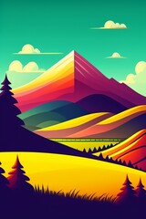 Grassland and mountain background, cartoon illustration style, Typography. Background for a poster, t-shirt or banner