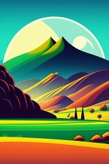 Grassland and mountain background, cartoon illustration style, Typography. Background for a poster, t-shirt or banner