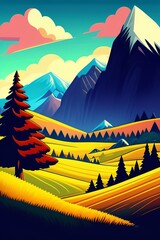 Grassland and mountain background, cartoon illustration style, Typography. Background for a poster, t-shirt or banner