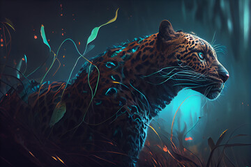 Glowing futuristic leopard stands in the forest