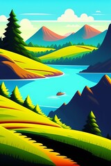 Grassland and mountain background, cartoon illustration style, Typography. Background for a poster, t-shirt or banner