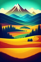 Grassland and mountain background, cartoon illustration style, Typography. Background for a poster, t-shirt or banner