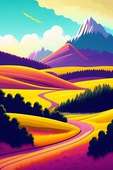 Grassland and mountain background, cartoon illustration style, Typography. Background for a poster, t-shirt or banner