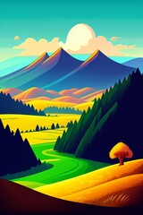 Grassland and mountain background, cartoon illustration style, Typography. Background for a poster, t-shirt or banner