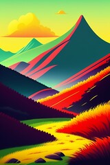 Grassland and mountain background, cartoon illustration style, Typography. Background for a poster, t-shirt or banner