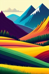 Grassland and mountain background, cartoon illustration style, Typography. Background for a poster, t-shirt or banner