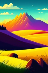 Grassland and mountain background, cartoon illustration style, Typography. Background for a poster, t-shirt or banner