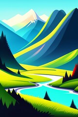 Grassland and mountain background, cartoon illustration style, Typography. Background for a poster, t-shirt or banner