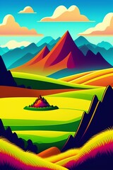 Grassland and mountain background, cartoon illustration style, Typography. Background for a poster, t-shirt or banner