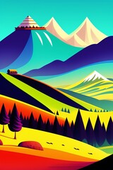 Grassland and mountain background, cartoon illustration style, Typography. Background for a poster, t-shirt or banner