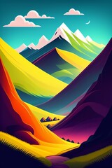 Grassland and mountain background, cartoon illustration style, Typography. Background for a poster, t-shirt or banner
