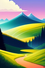 Grassland and mountain background, cartoon illustration style, Typography. Background for a poster, t-shirt or banner