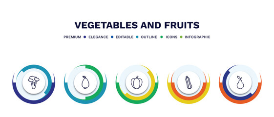 set of vegetables and fruits thin line icons. vegetables and fruits outline icons with infographic template. linear icons such as cauliflower, guava, pepper, courgette, pear vector.