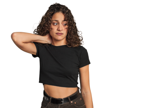 Radiant young woman with stunning curls touching back of head, thinking and making a choice.