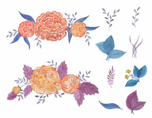 Vector floral arrangement collection with extra elements watercolor