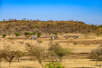 View of the Maasai people village in Tanzania. African landscape