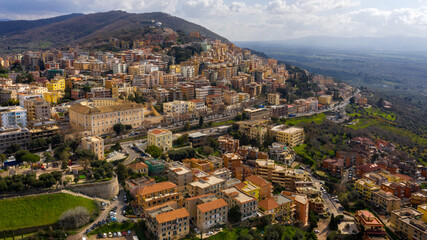 Aerial view on the historic city center of Tivoli, near Rome, Italy. Old Town of Tivoli from above.