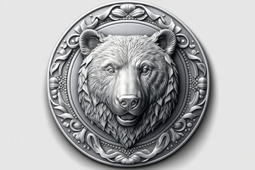 Silver emblem, head of a bear, white background, stock exchange concept. Generative AI